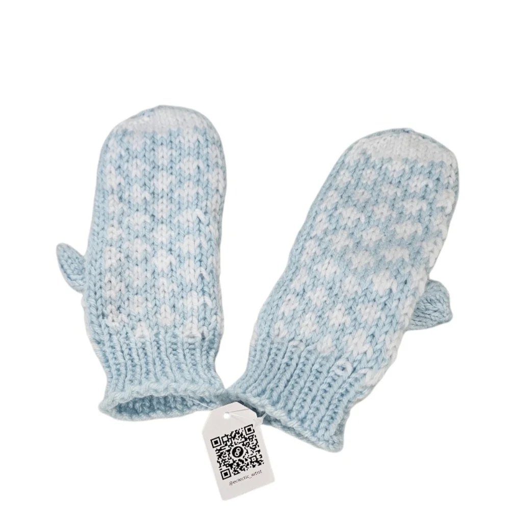 Hand Crafted Crochet Mittens Heart Design Ribbed Trim One-of-a-Kind Blue White